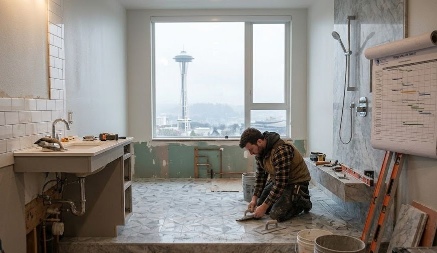 A documentary-style photo of an active bathroom renovation in a Seattle craftsman home.